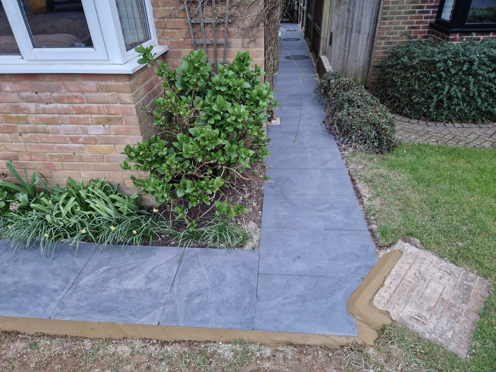 Close-up detail from the finished patio and internal wall project in Chiddingfold