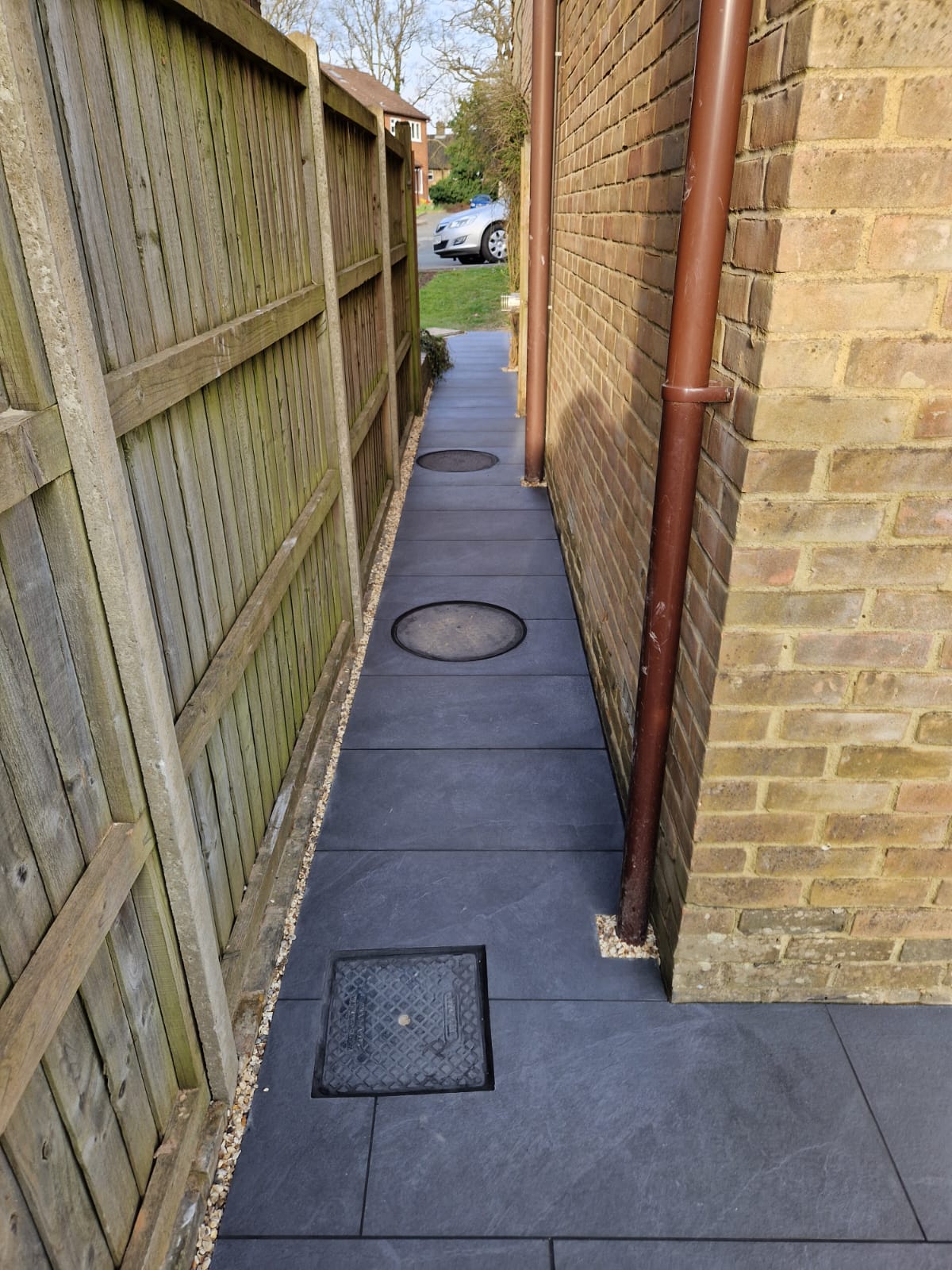 Close-up detail from the finished patio and internal wall project in Chiddingfold
