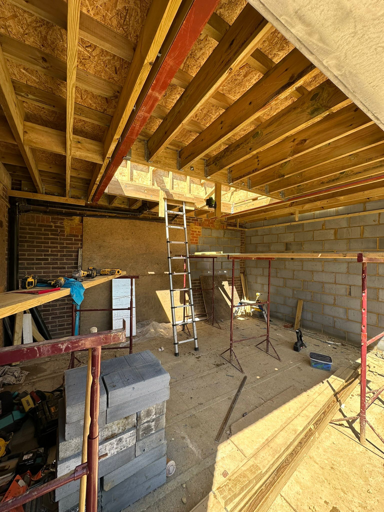 Rear extension and large front porch project in progress in Chiddingfold
