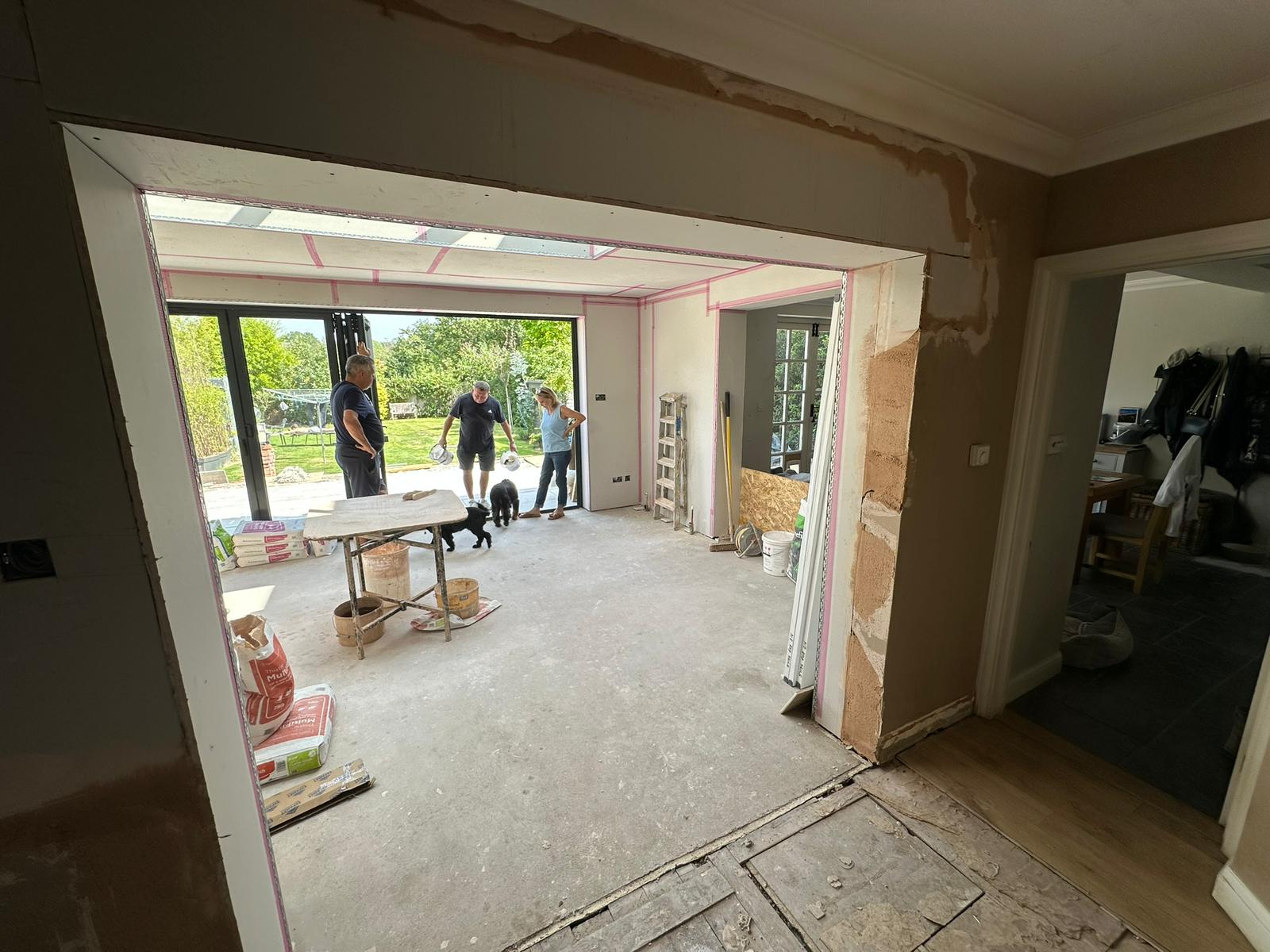 Rear extension and large front porch project in progress in Chiddingfold