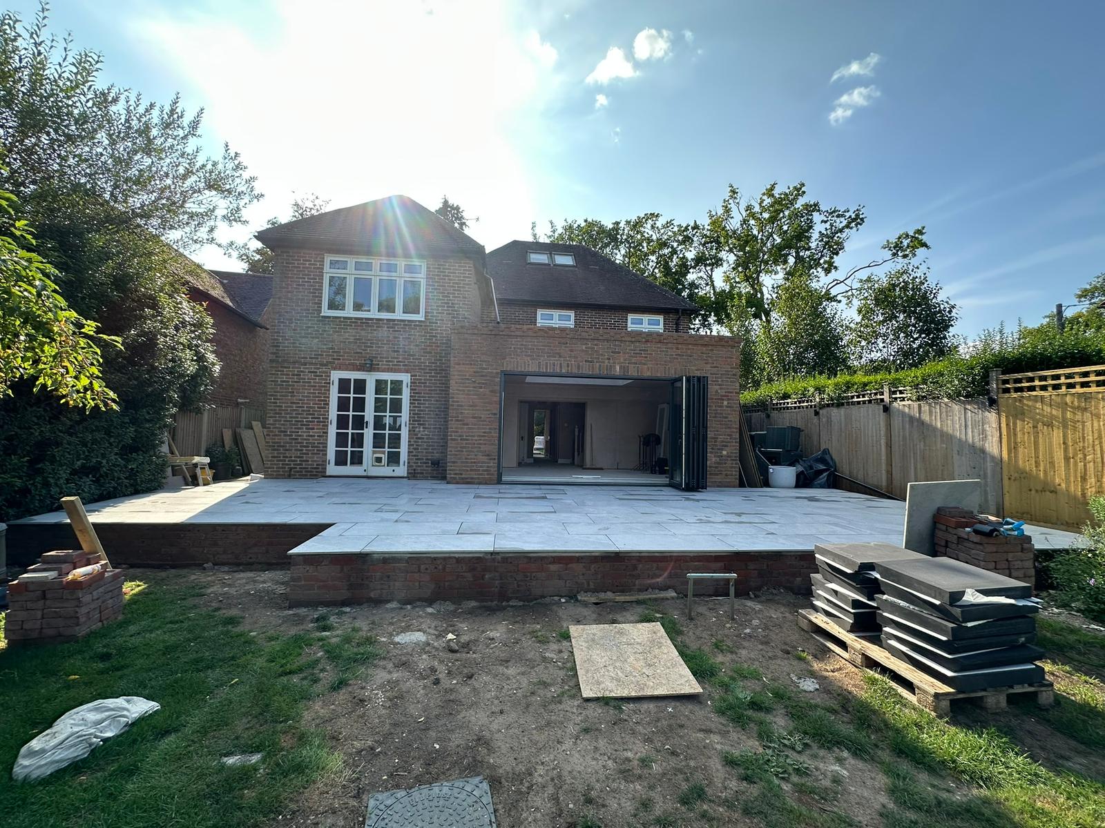 Rear extension and large front porch project in progress in Chiddingfold