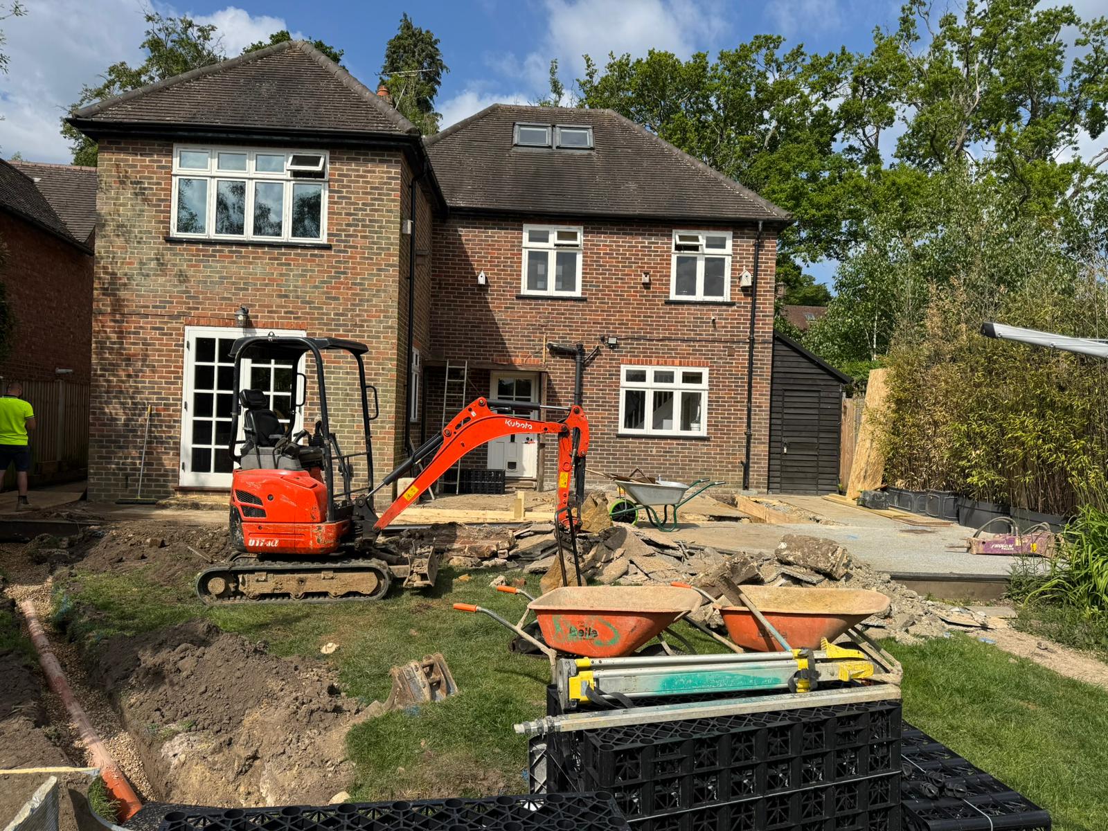 Rear extension and large front porch project in progress in Chiddingfold