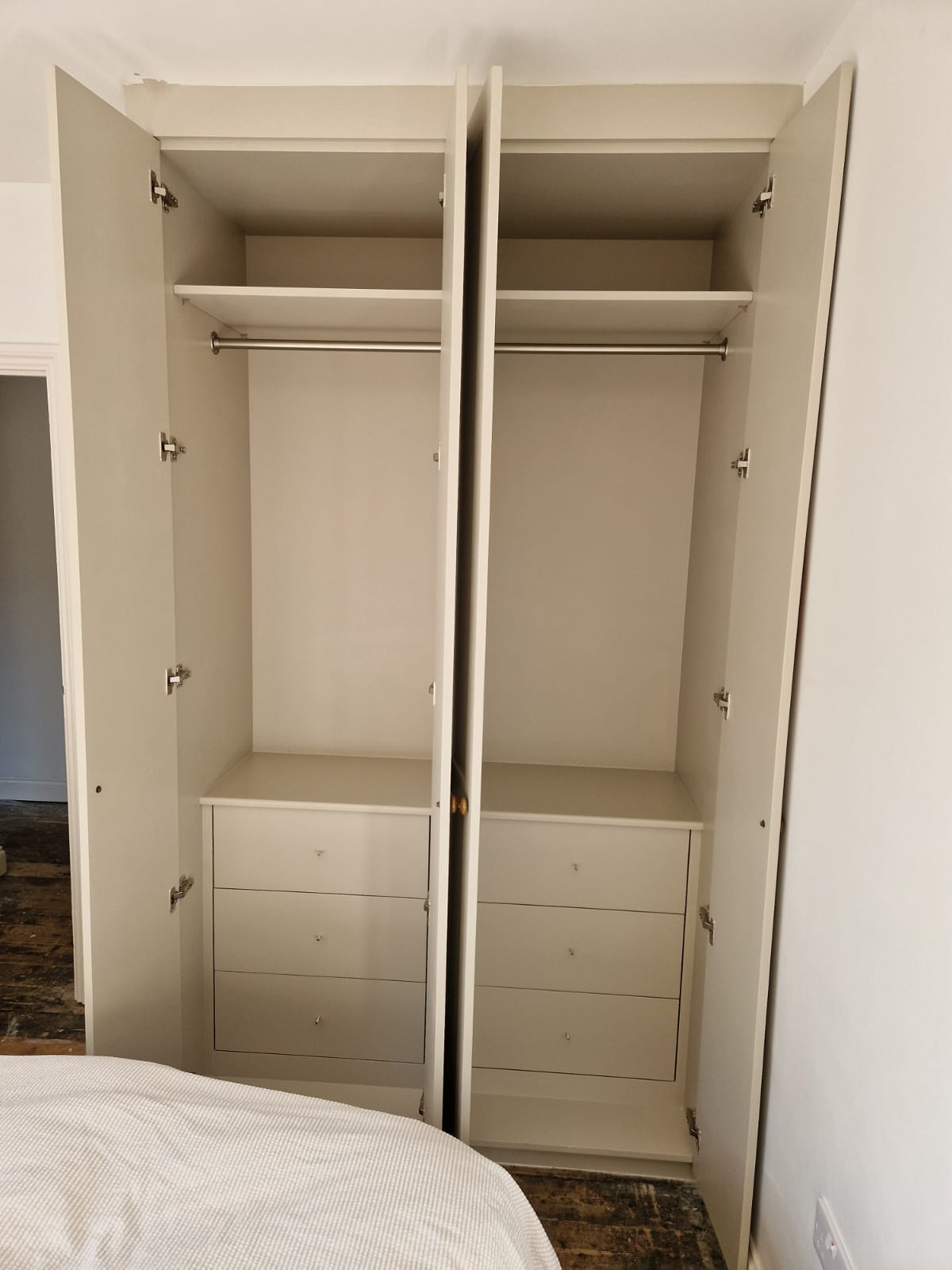 Close-up detail from the finished wardrobe installation in Hove